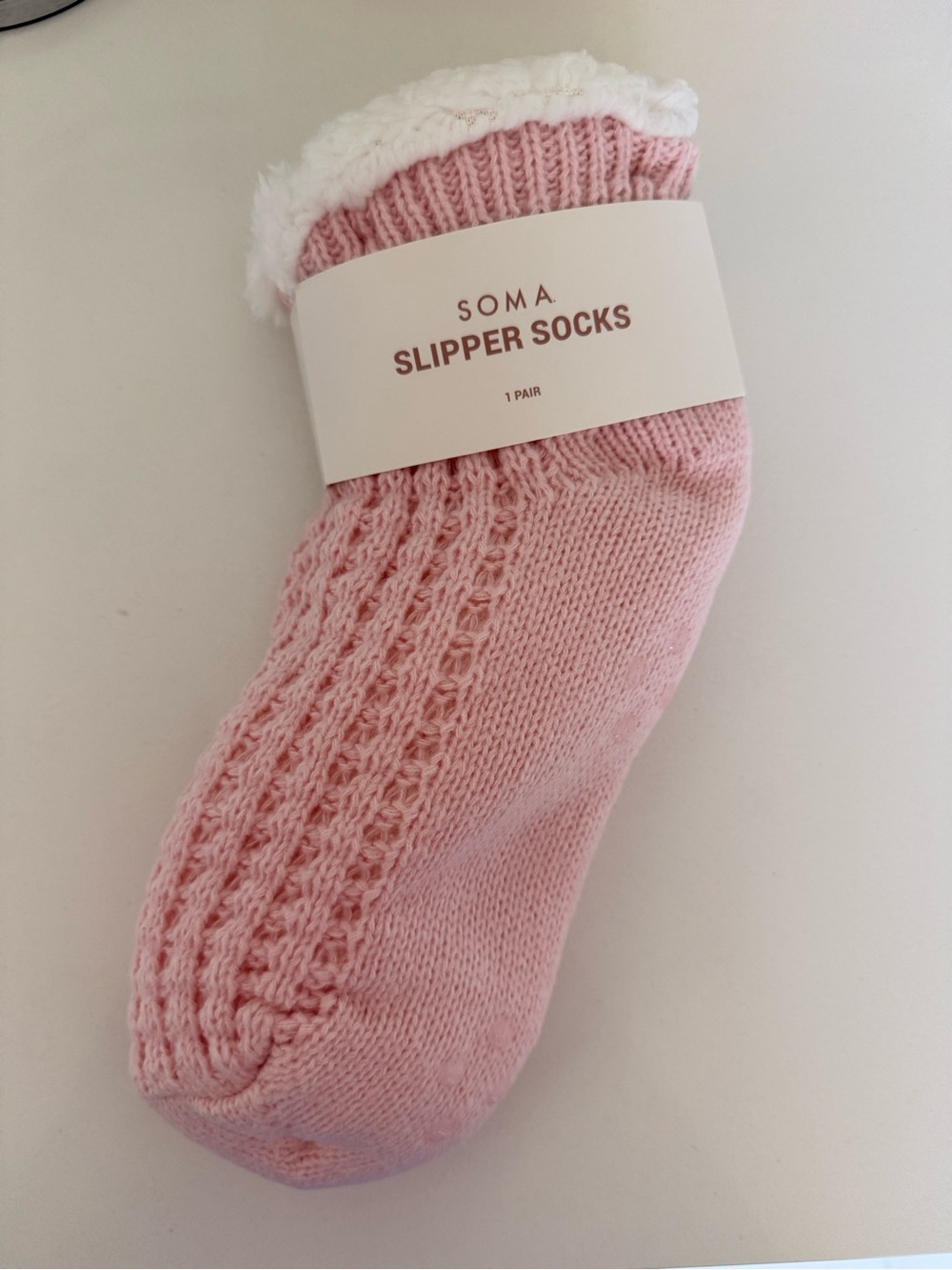 Soma Pink Cable-Knit Slipper Socks with Cream Sherpa Trim